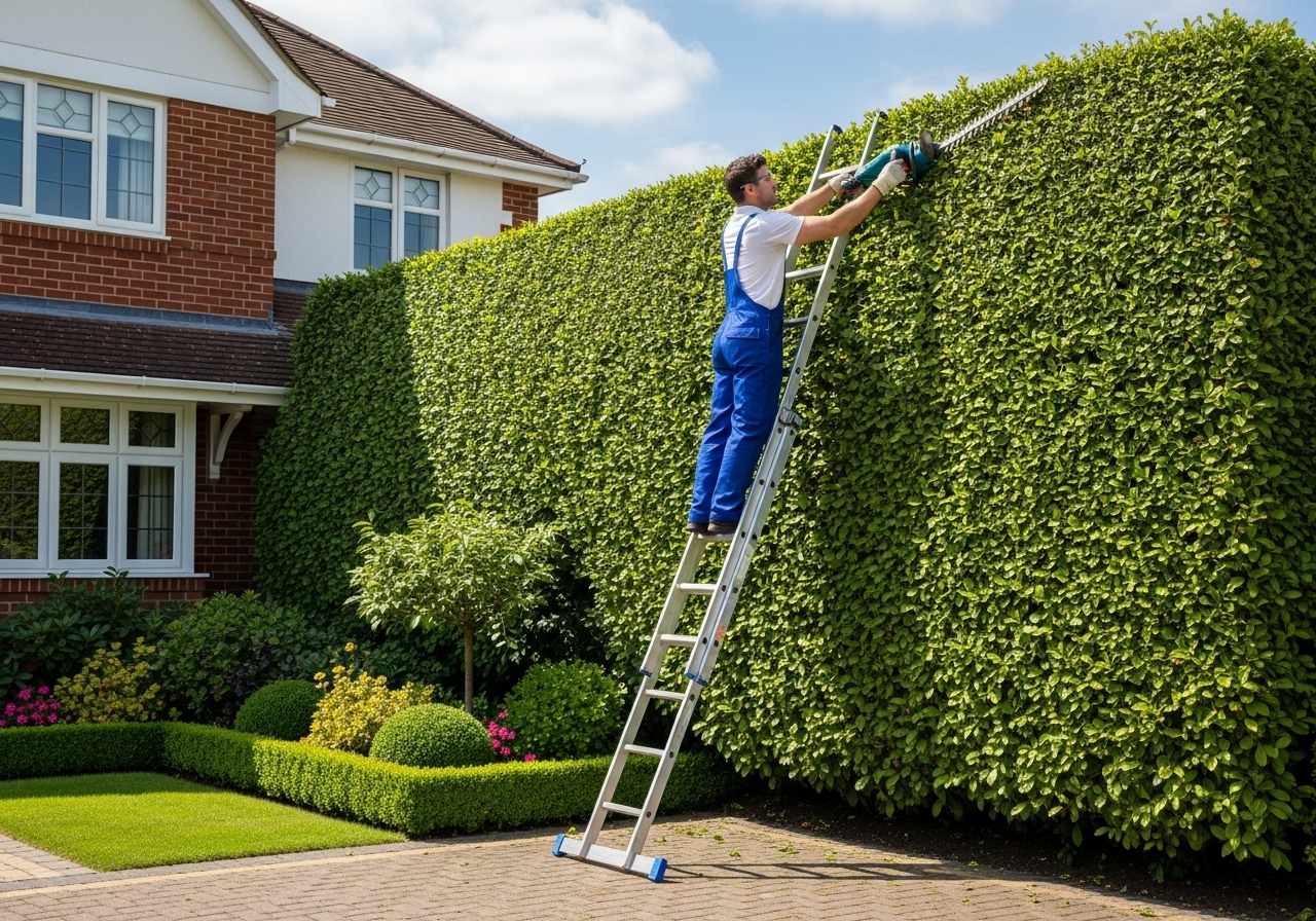 Property maintenance worker trimming hedges