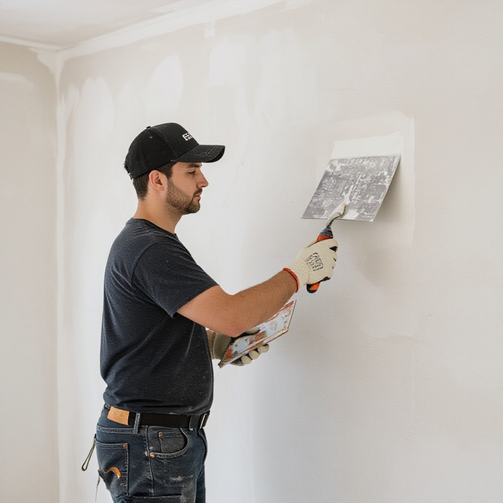 Plasterer smoothing wall