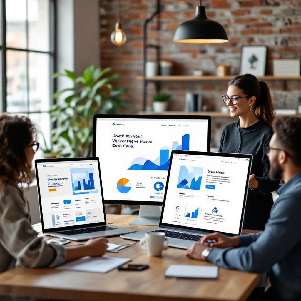 Designer presenting website mockups to small business owners