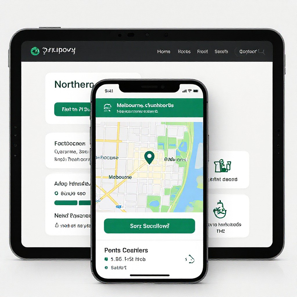 Website on mobile with Melbourne northern suburbs map