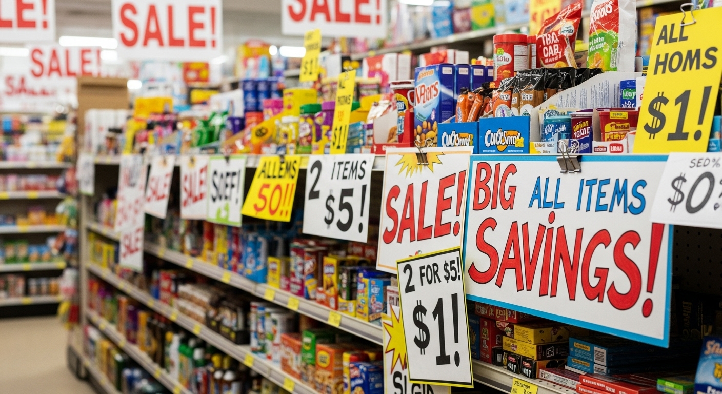 product shelves and discount signage in a variety store