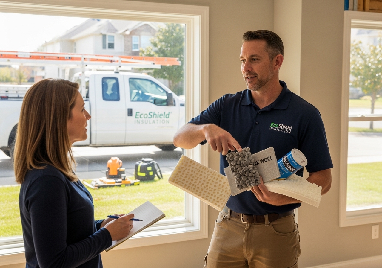 Insulation contractor discussing work with homeowner