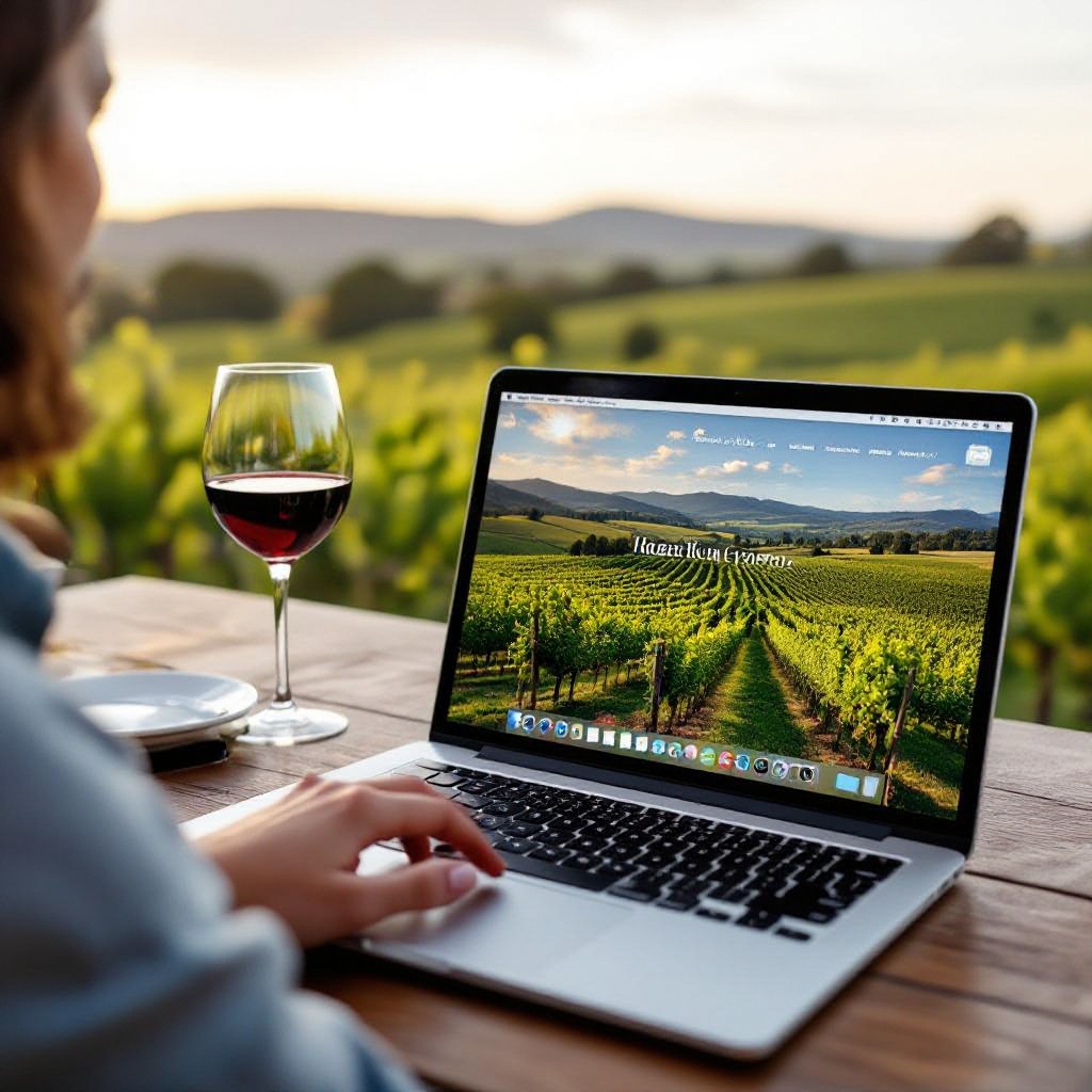 Yarra Valley vineyard and website on laptop