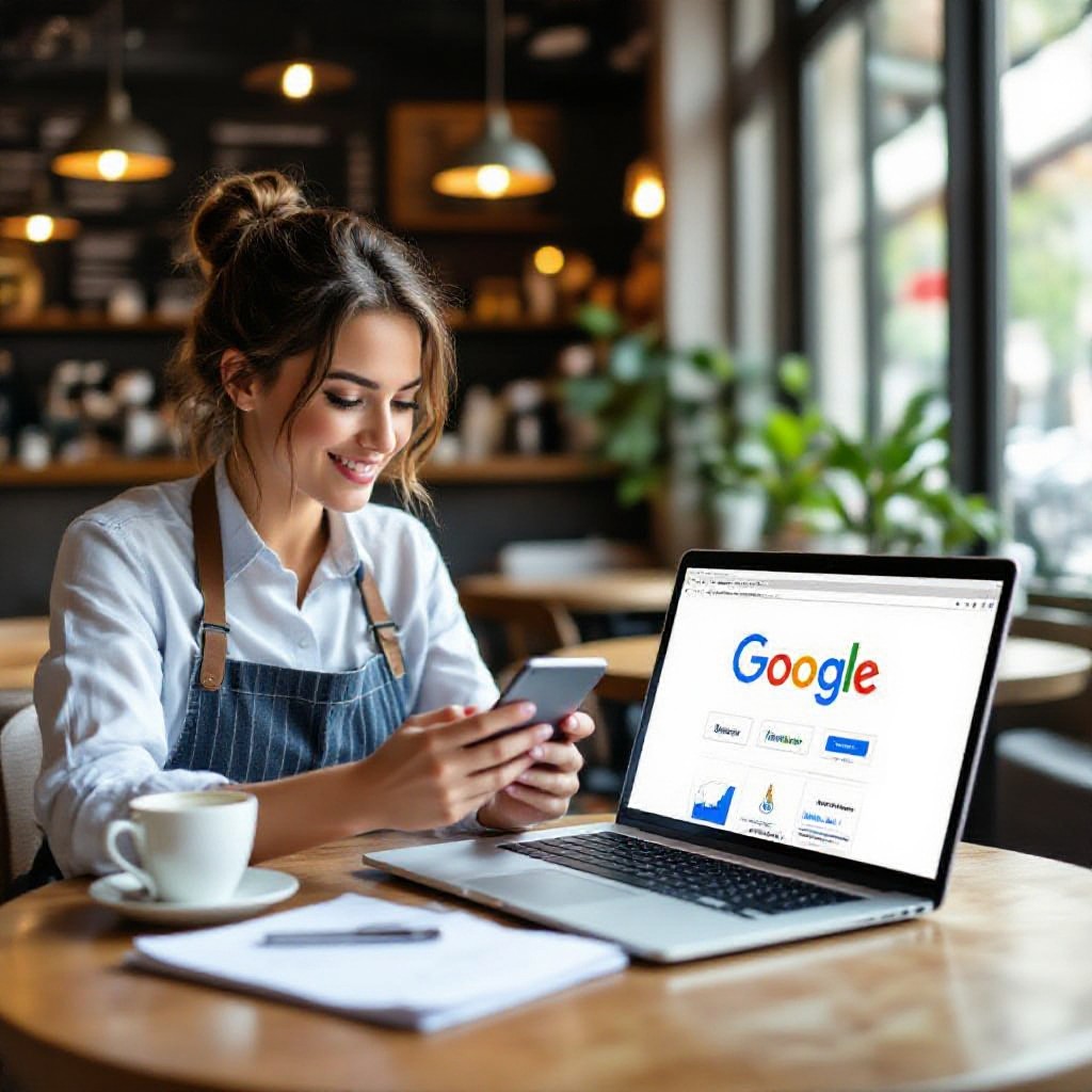 Small business owner checking website