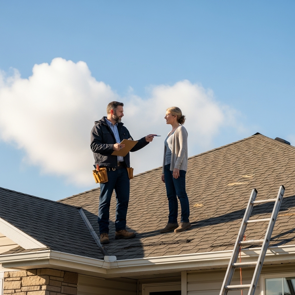 Building inspector inspecting roof with clipboard