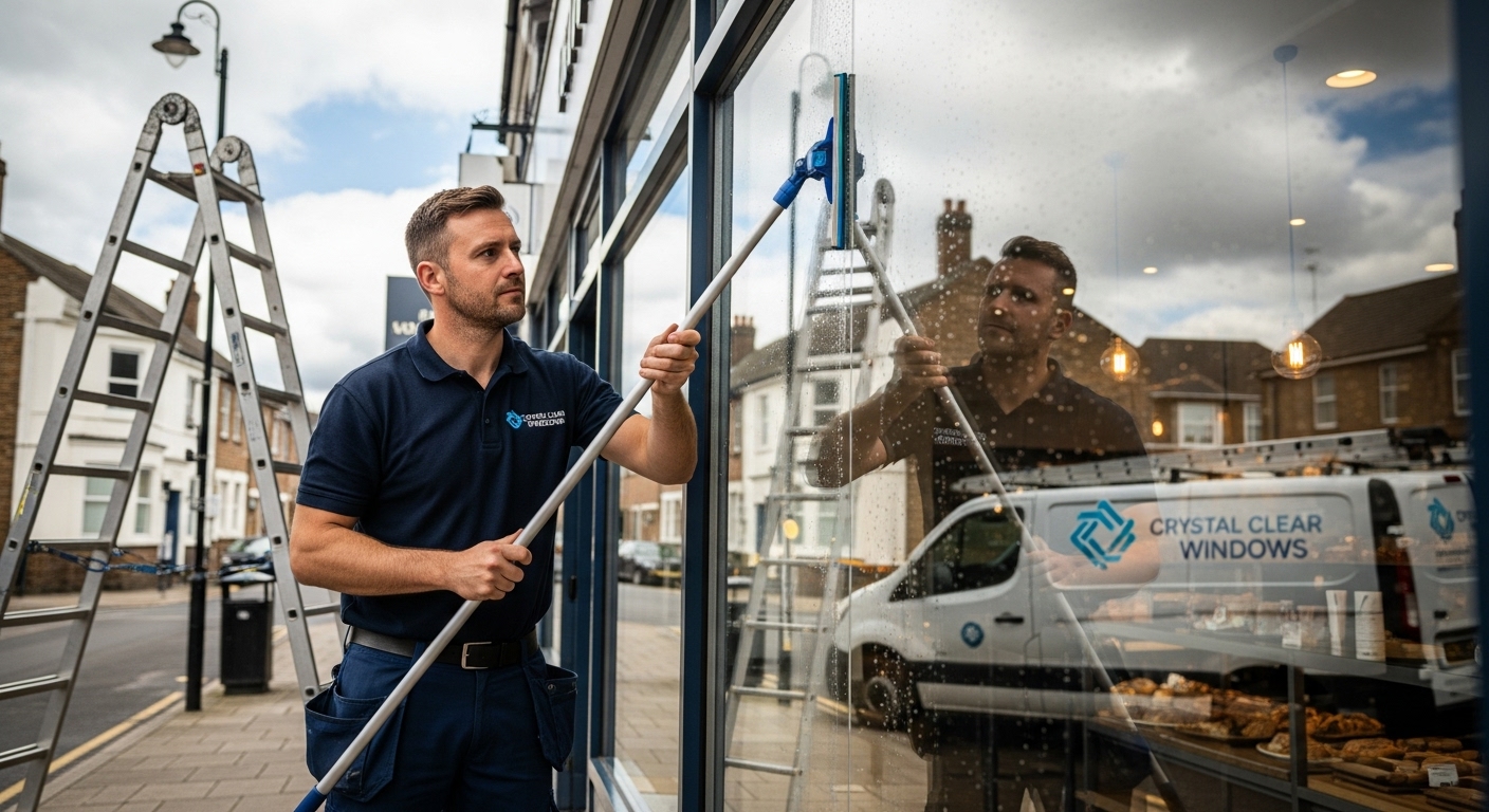 Window cleaner working on glass shopfront