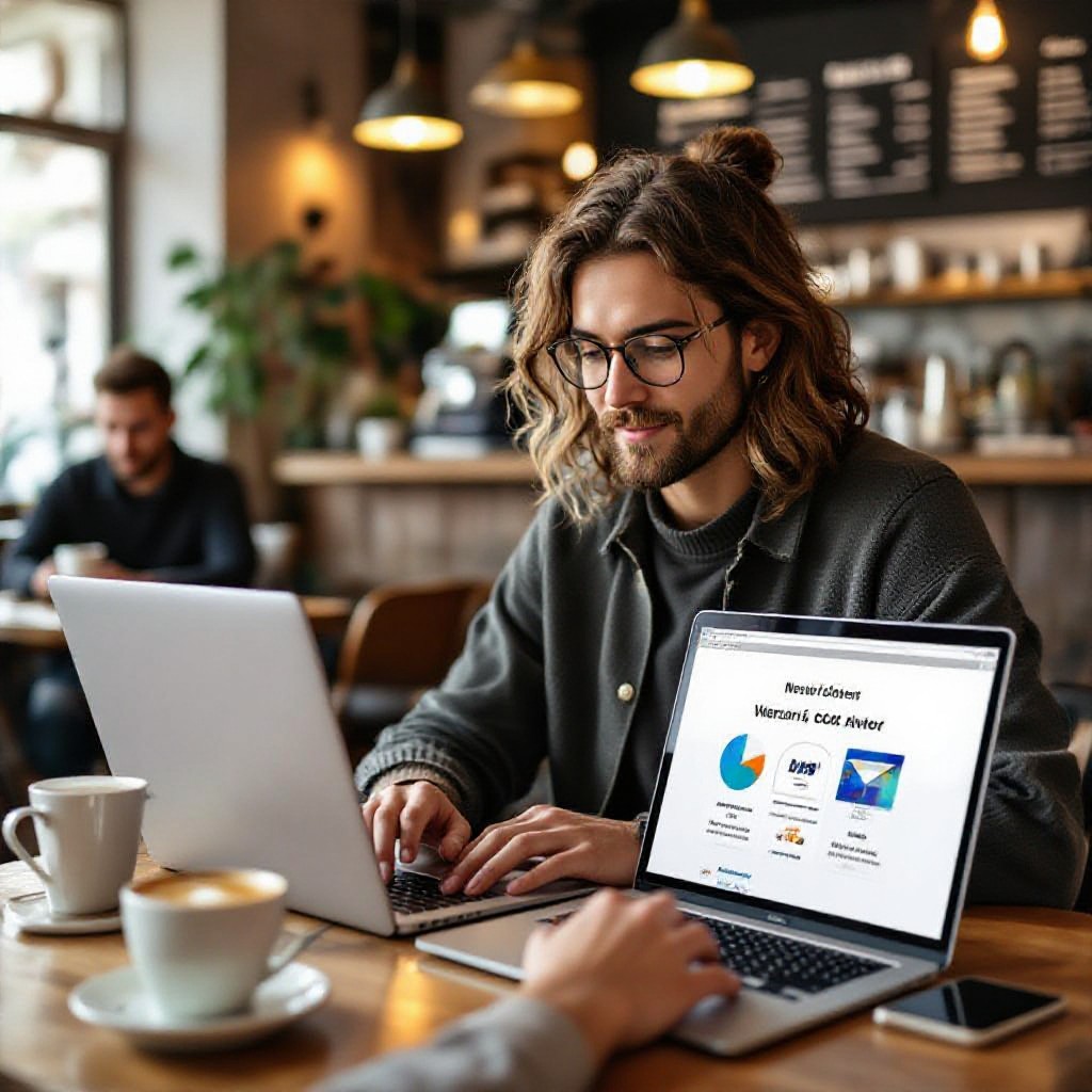 Small business owner checking website on laptop and phone