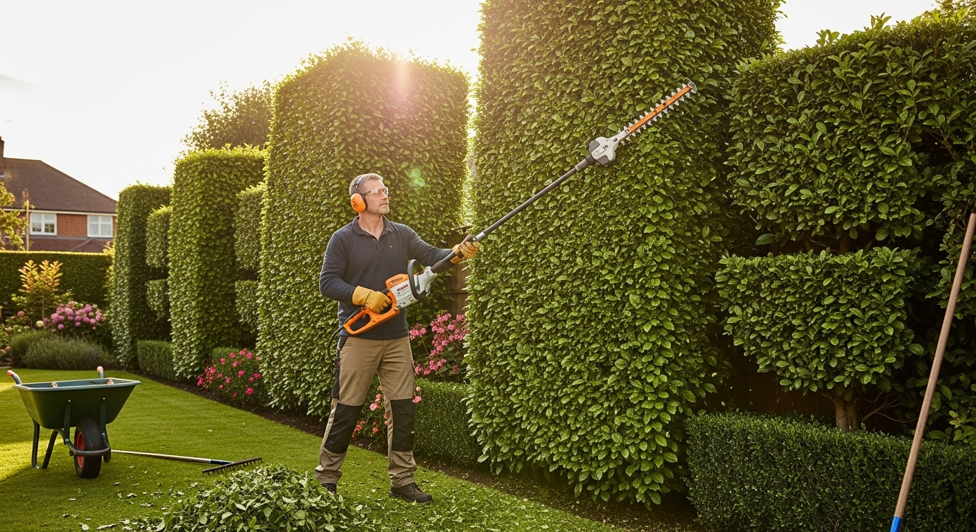 Gardener trimming hedges