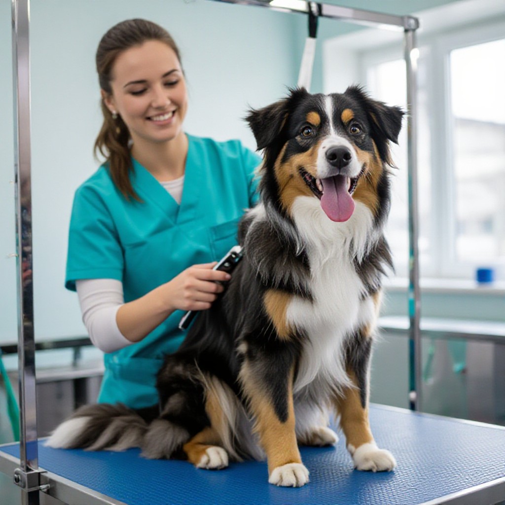 Pet groomer trimming a happy dog