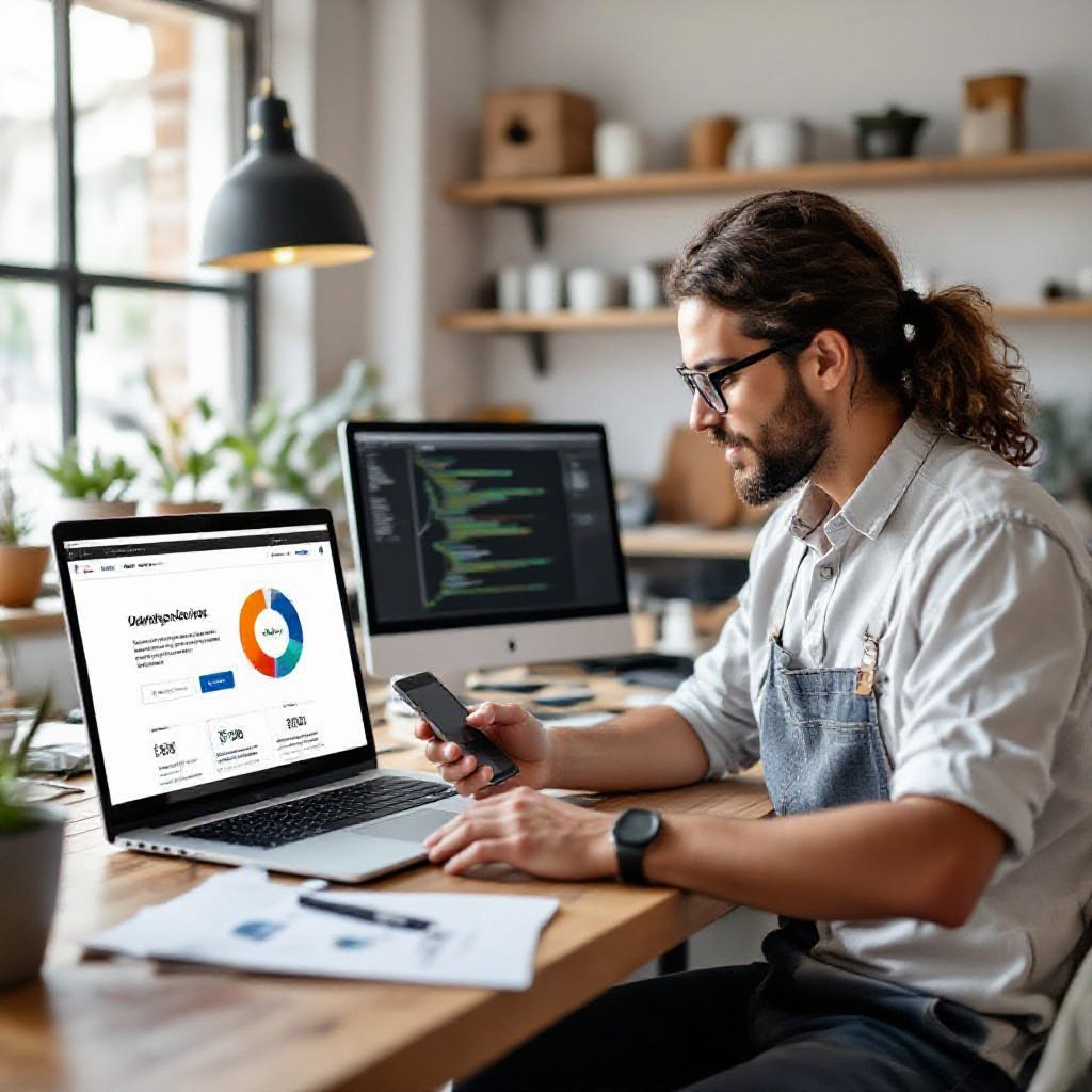 Owner viewing responsive website on phone and laptop