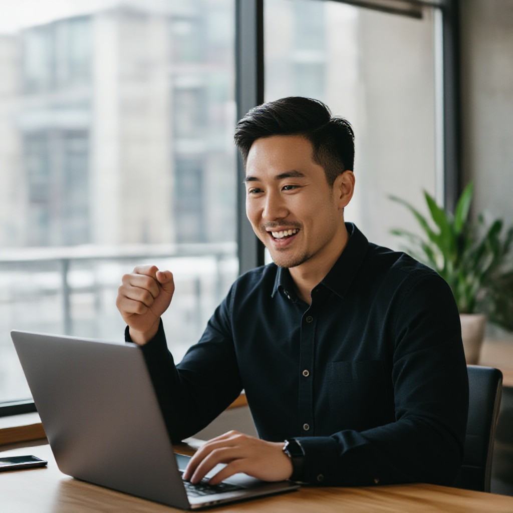 Small business owner celebrating first booking