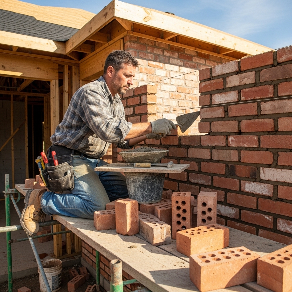 Masonry contractor laying bricks