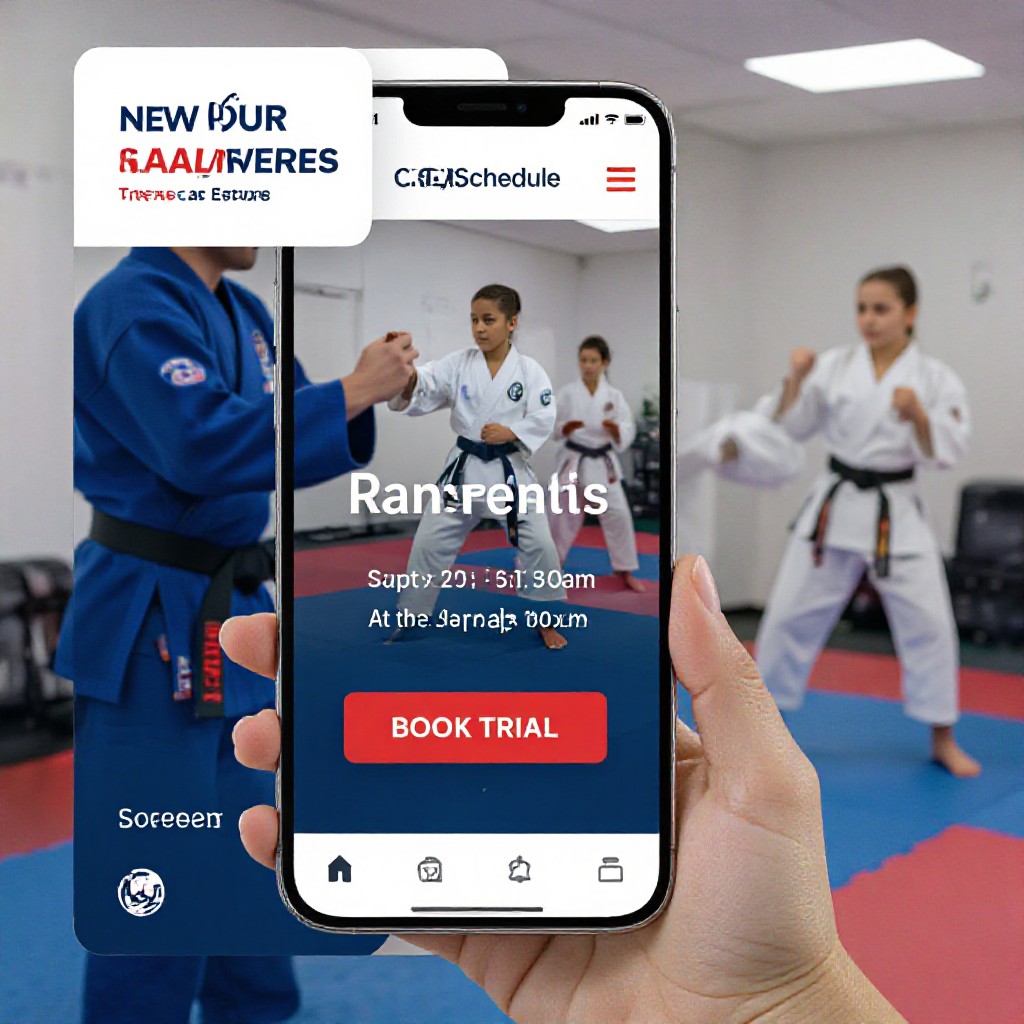 martial arts website on phone showing class schedule and book trial button