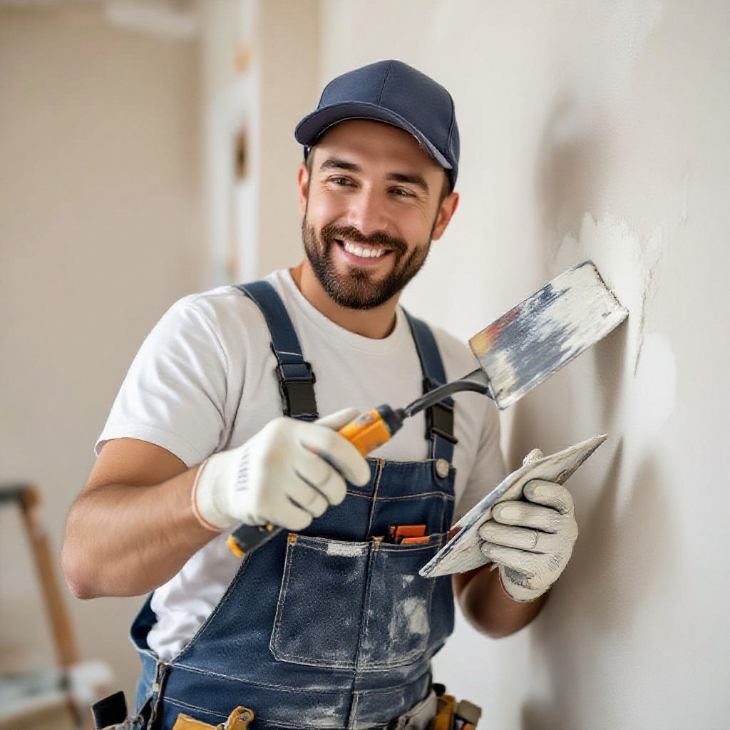 Plasterer repairing wall