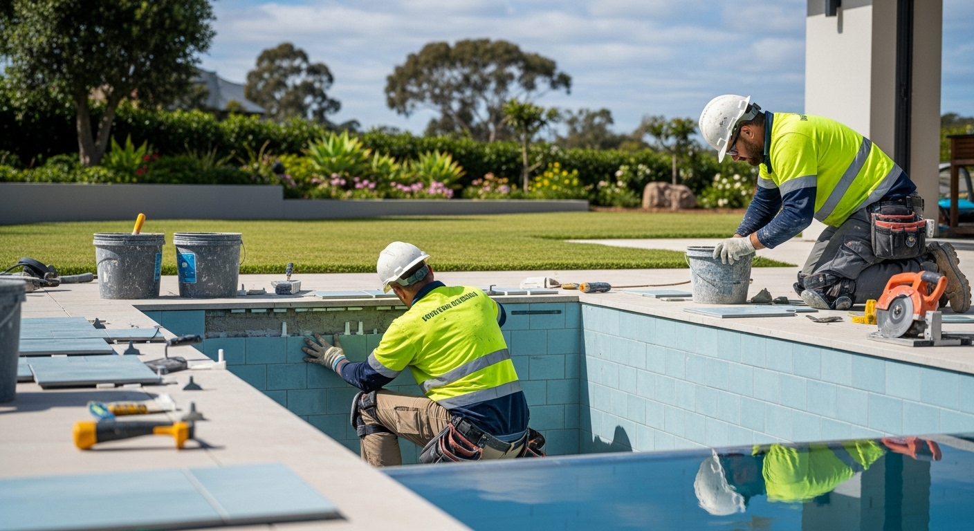 Team installing pool tile