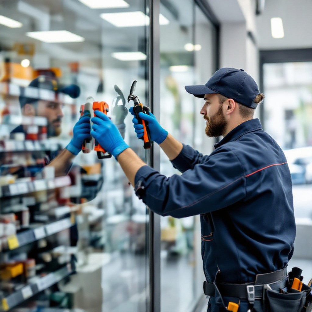 Glazier replacing shopfront glass