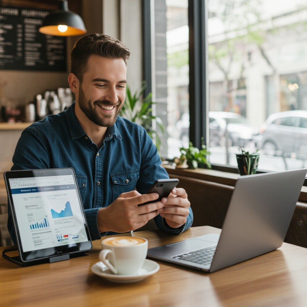 small business owner checking website on phone and laptop