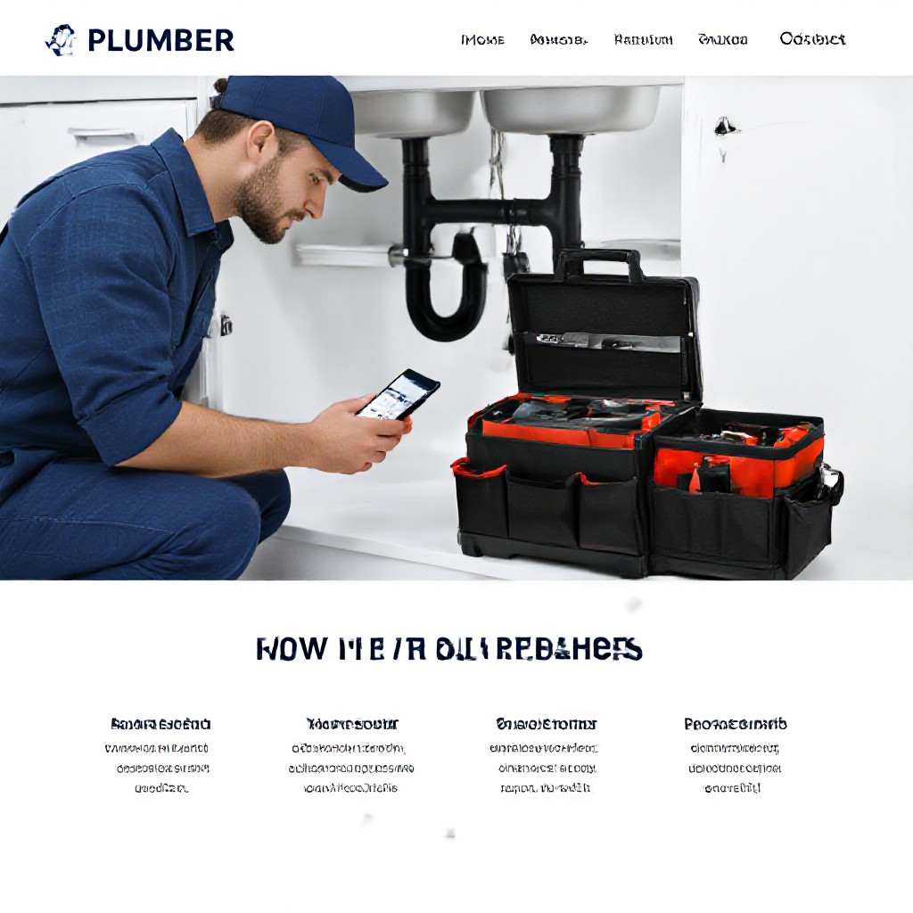 Plumber working with smartphone showing website