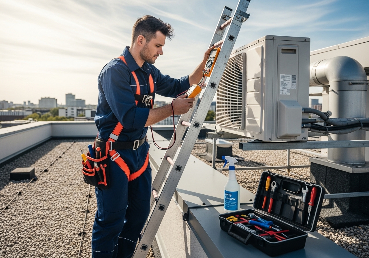 Air conditioning technician repairing split system
