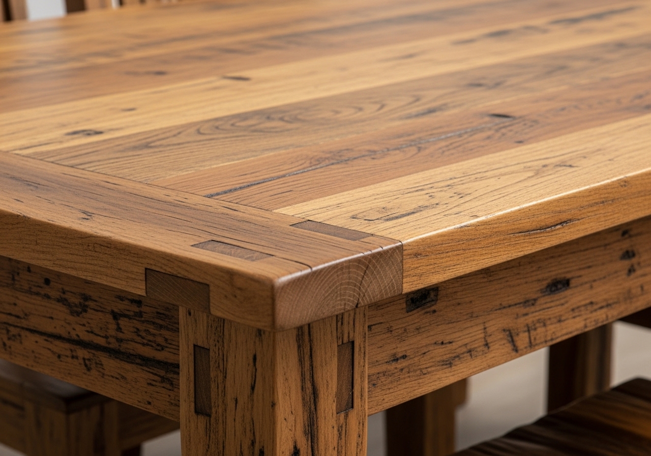 Reclaimed wood dining table close-up