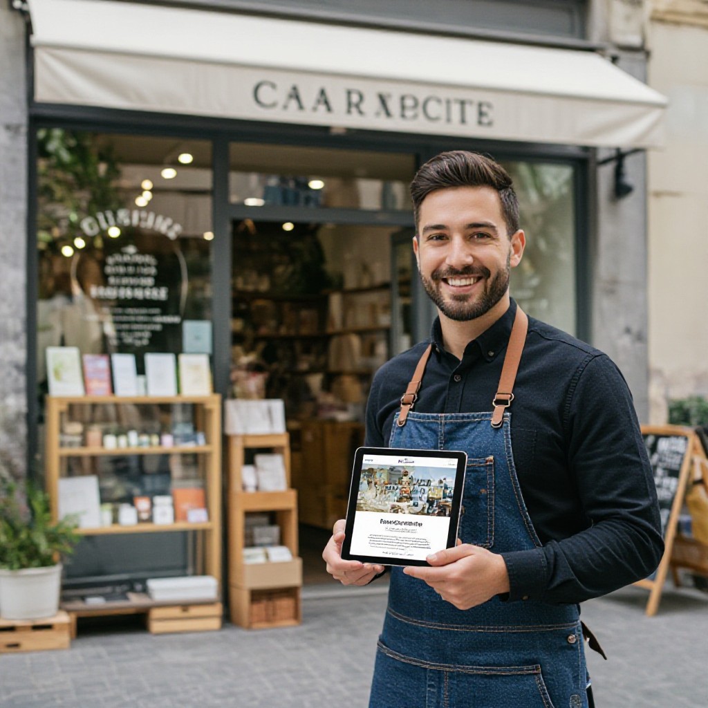 Business owner reviewing professional website on tablet