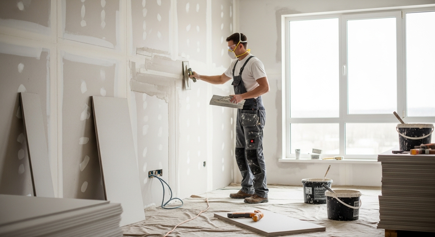Drywall contractor finishing plasterboard at a renovation